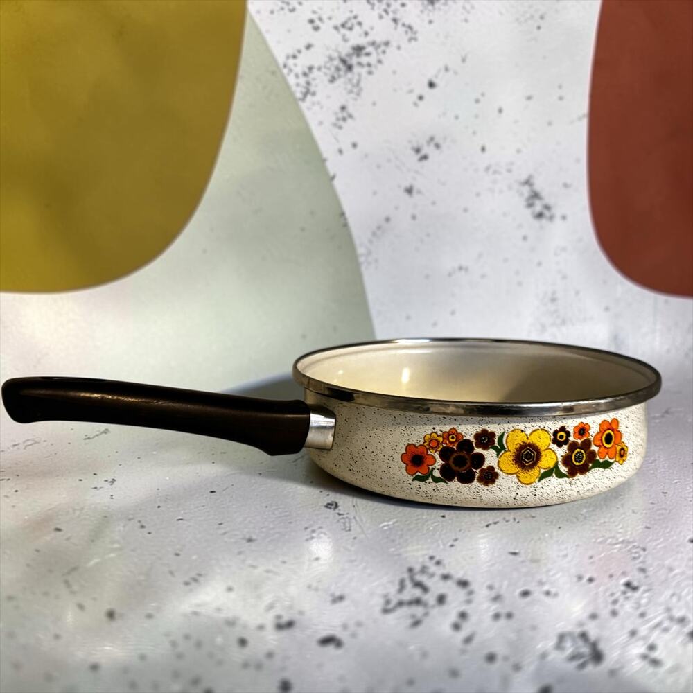 Vintage 1970s Speckled Enamelware Skillet Pan Orange Yellow Brown Floral